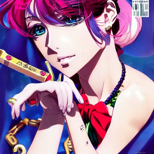 Image similar to Magazine Cover Anime key visual of a Gucci girl; official media; typography; drawn by Hirohiko Araki; Jojo's Bizarre Adventure; Jojolion, portrait, made by Stanley Artgerm Lau, WLOP, Rossdraws, James Jean, Andrei Riabovitchev, Marc Simonetti, Yoshitaka Amano, ArtStation