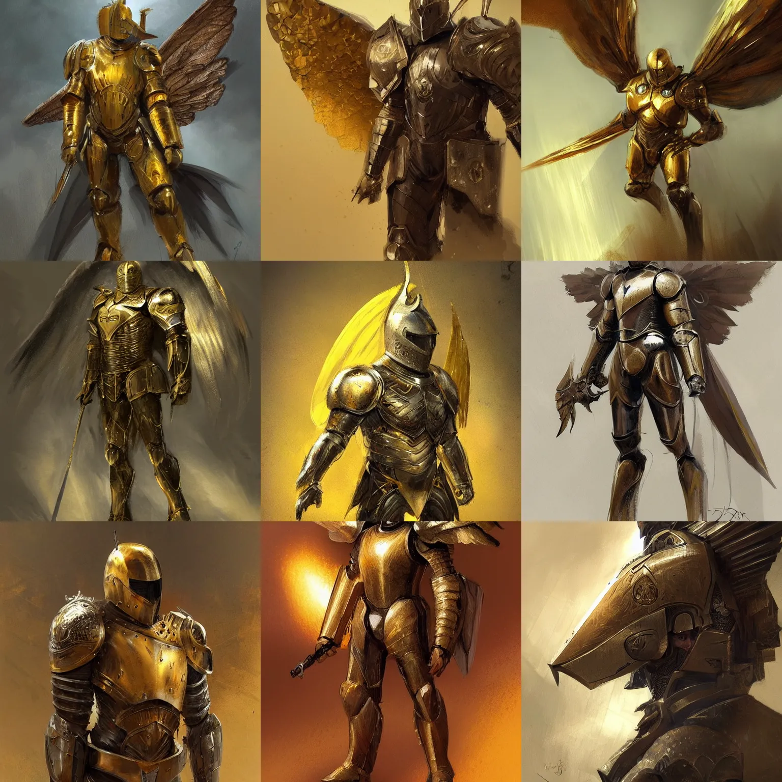 Prompt: knight in golden shiny armor with wings concept art by Daniel Dociu trending on artstation