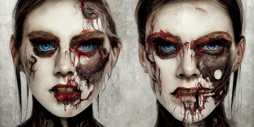 Image similar to portrait art, the most beautiful androgenous zombies, seductive, detailed striking eyes filled with life and death