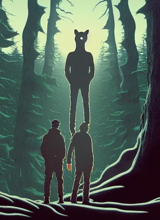 Prompt: Twin Peaks, of Michael Shannon the mechanic discovering a man dressed as a Furry in the woods, mysterious creepy, poster artwork by Michael Whelan, Bob Larkin and Tomer Hanuka, from scene from Twin Peaks, simple illustration, domestic, nostalgic, from scene from Twin Peaks, clean, full of details, by Makoto Shinkai and thomas kinkade, Matte painting, trending on artstation and unreal engine, super clean, fine detail, cell shaded,