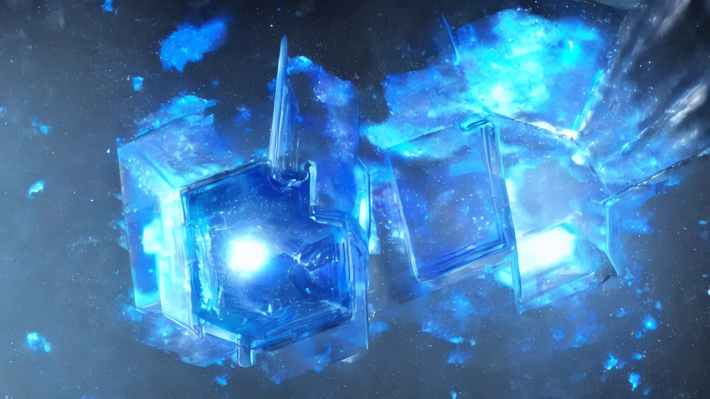 Image similar to cyberpunk blue ice cube nebula sculpture floating in space, 8k, cinematic, epic, ultra detailed, award winning, trending on artstationHD, dramatic