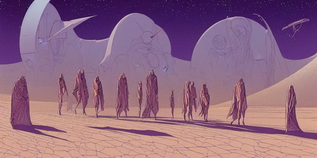 Prompt: a illustration of people walinkg in the desert wearing cloaks, spaceships in the enviroment, cyborgs, intrincate, futuristic, fantastic planet, by moebius, jean giraud & kilian eng