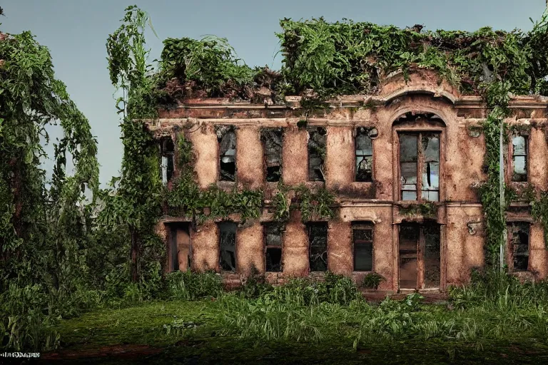 Image similar to ruined, abandoned polish mansion, seen from inside and overgrown by plants. A big neon sign on one of the walls with the text: Not a UE5 render. First light of day falls through the broken windows. Dirt, leaves on ground. Octane render. Substance painter. Zbrush. Trending on artstation. 8K. Highly detailed.