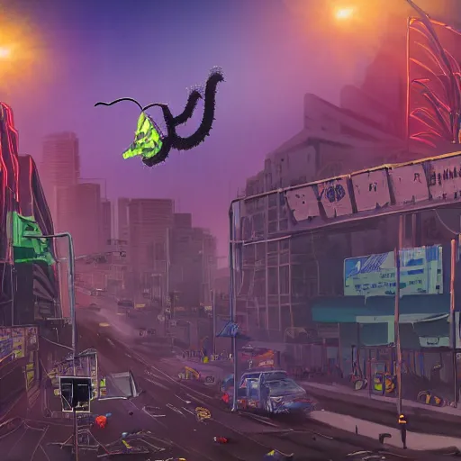 Prompt: gigantic building hovering above a city, long thick cables and trash hanging from underneath, smoke and thick dust in the air, rays of light, neon billboards and dried palmtrees in the streets, a reptile mutant wrestler in fighter pose levitates in the center of the epic scene, scifi, illustration