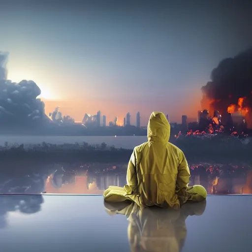 Prompt: a beautiful award-winning photo of the last man on Earth wearing a hazmat suit, sitting, serene idyllic post-nuclear background with a mushroom cloud on the horizon, a mirage of a skyline of a destroyed city, numerous fires, volumetric lighting, very high quality, extremely detailed, subtle visual noise, 8K