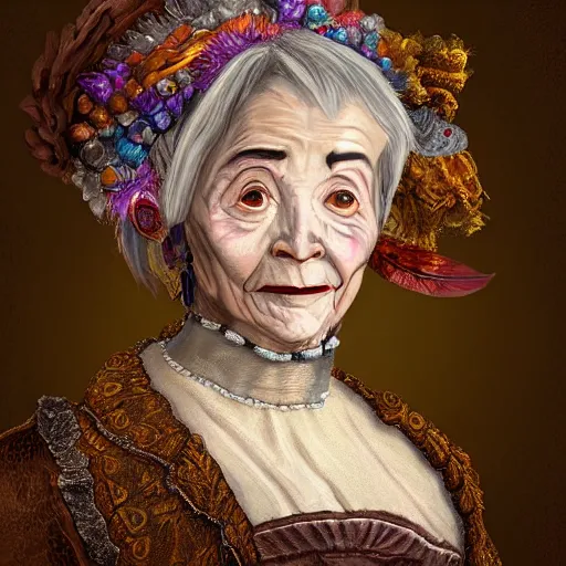 Image similar to portrait headshot digital painting of a old 17th century old lady cyborg merchant, amber jewels clorful feathers baroque ornate clothing