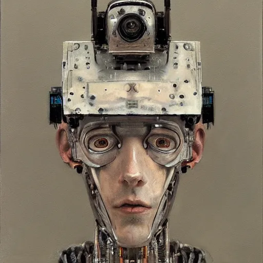 Image similar to portrait of a robot by lucian freud in the style of greg rutkowski