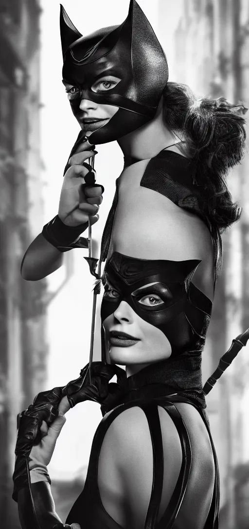 Prompt: Margot Robbie as Catwoman, movie poster, XF IQ4, 150MP, 50mm, F1.4, ISO 200, 1/160s, natural light