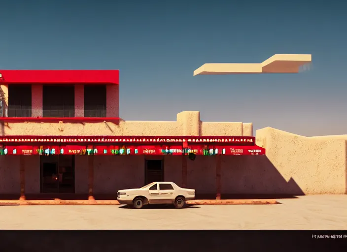 Image similar to realistic exterior photo of a mexican restaurant, vaporwave, in a flat barren desert. 15mm. Very detailed 8k. Sharp. Cinematic post-processing. Unreal engine. Nanite. Ray tracing. Parallax. Tessellation