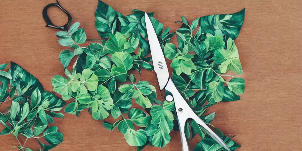 Prompt: cartoon scissors covered with plants