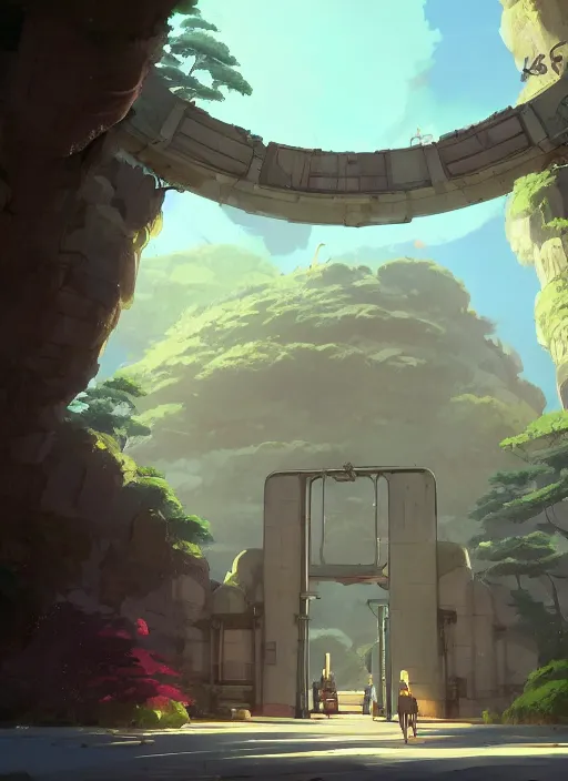 Image similar to warm canyon with giant gate entrance, nuclear powered, detailed, futuristic, cory loftis, james gilleard, atey ghailan, makoto shinkai, goro fujita, studio ghibli, rim light, exquisite lighting, clear focus, very coherent, plain background