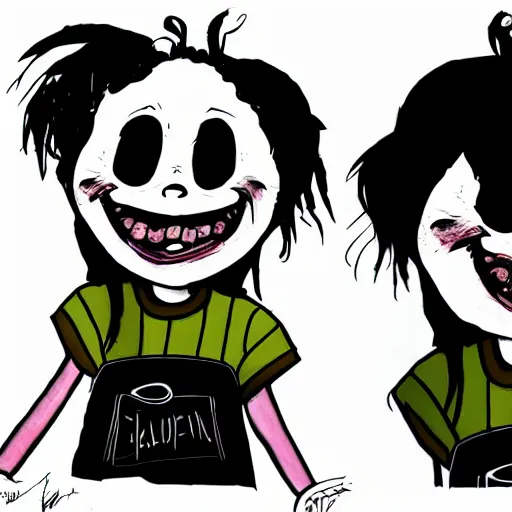 Image similar to grunge drawing of a happy billie eilish in the style of loony toons | horror themed | pennywise style