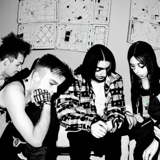 Image similar to Disposable camera picture of punk rockers trying to solve a Rubiks cube