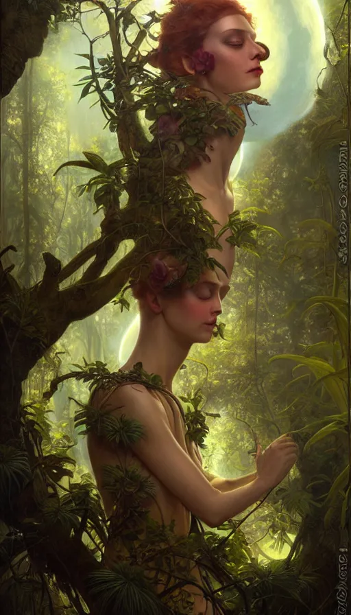 Image similar to hyper realistic alien, lush plants, full moon, light rays, gnarly trees by tom bagshaw, mucha, gaston bussiere, craig mullins, j. c. leyendecker 8 k