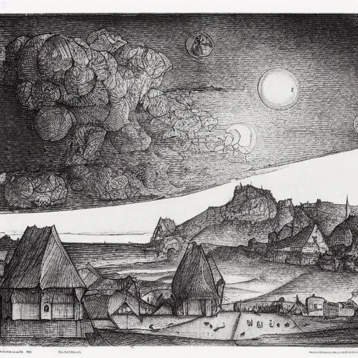 Image similar to foggy night sky, black and white, high detail, engraving, engraved, albrecht durer