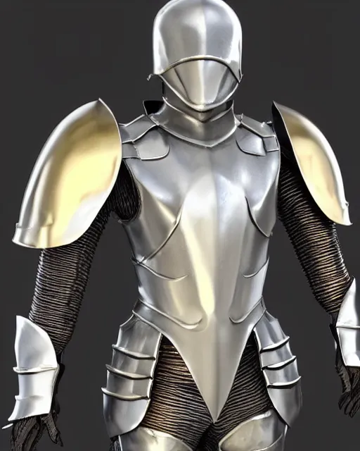 Image similar to suit of fantasy armor, shiny silver armor with gold trim, clean, flat shading, trending on artstation