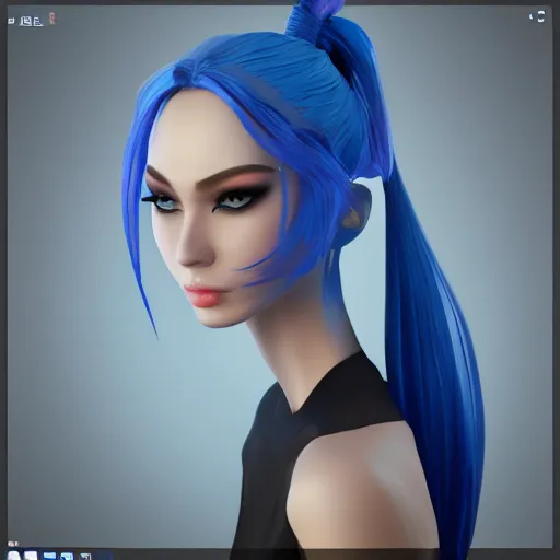 Image similar to a full shot of CGI Jinx, blue well-groomed ponytail, elegant refined face, not wearing many clothes, Body Shape (Slender), from Arcane League of Legends, digital art, 3d rendered model, exquisite detail, polished, post-processing, photo-shopped, low angle, octane render, unreal engine, hyper realism, cinematic, trending on ArtStation, 8k, High contrast, by Roger Magrini