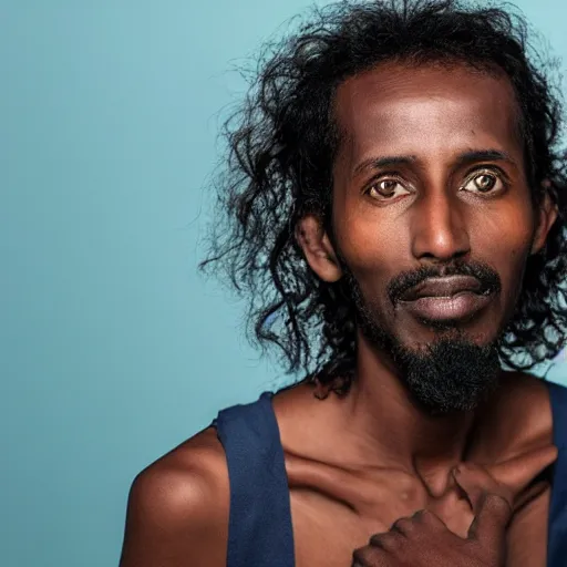 Image similar to a somali man, with long curly hair, on a clean background, beautiful, by etienne dinet