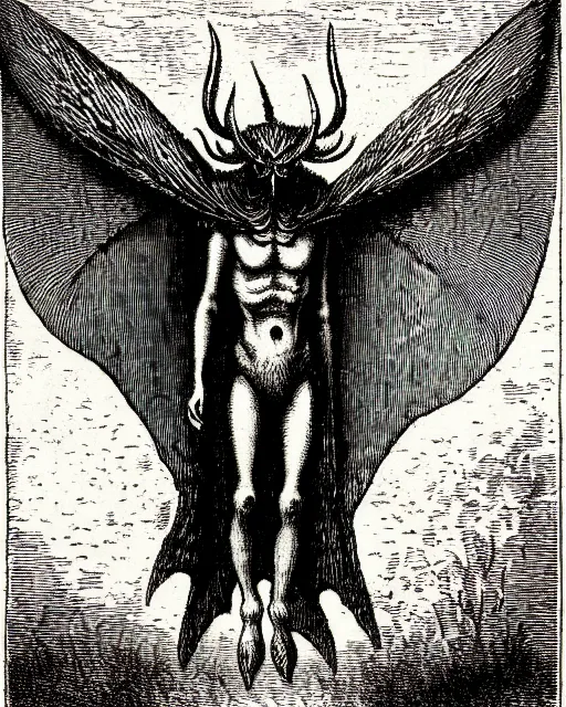 Prompt: illustration of mothman as a demon lord from the dictionarre infernal, etching by louis le breton, 1 8 6 9, 1 2 0 0 dpi scan