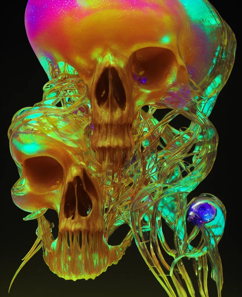 Image similar to close-up portrait of skull dichroic orchid jellyfish skull, betta fish, bioluminiscent creatures, intricate artwork by Tooth Wu and wlop and beeple. octane render, trending on artstation, greg rutkowski very coherent symmetrical artwork. cinematic, hyper realism, high detail, octane render, 8k