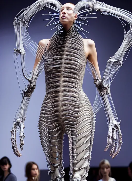 Image similar to walking down the catwalk, show, stage, vogue photo, podium, fashion show photo, iris van herpen, beautiful woman, full body shot, masterpiece, inflateble shapes, alien, giger, plant predator, guyver, jellyfish, wires, veins, white biomechanical details, wearing epic bionic cyborg implants, highly detailed