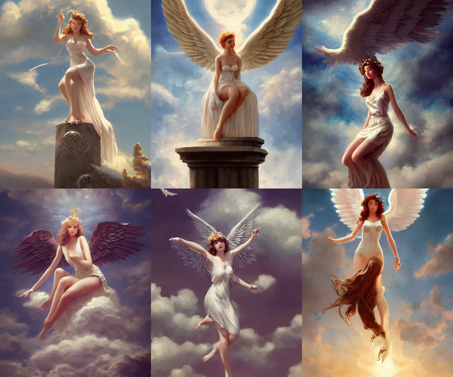 Prompt: retro angelic goddess sitting atop an ivory pillar in the clouds, whimsical painting by wlop and artgerm, artstation