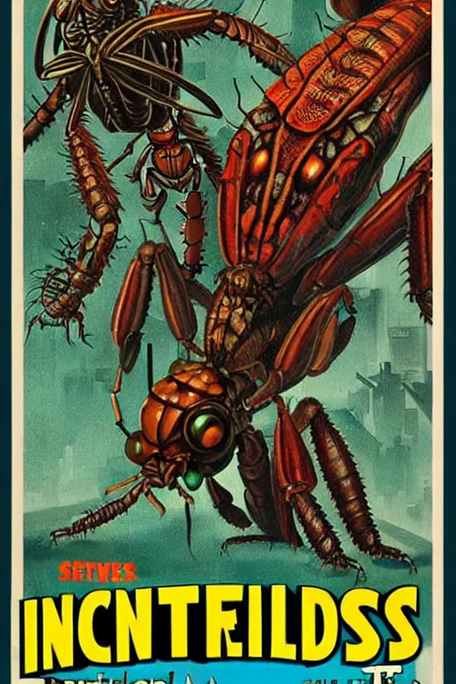 Prompt: insectoids culling puny humans, giant insect monsters, movie poster, digital science fiction pulp art