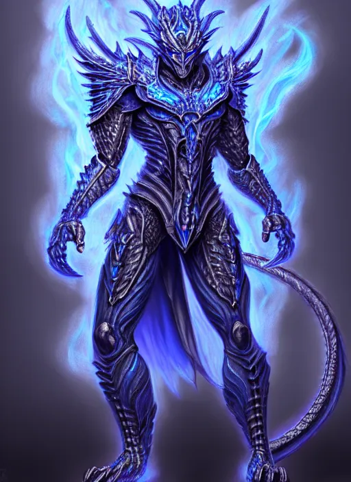 Image similar to muscular and tall blue ghostly fire humanoid dragon!!!! draconian!! intricate ornate iridescent heavy armor!! character concept art, sharp focus, octane render! unreal engine 5! highly rendered!! trending on artstation!! detailed linework!! illustration by artgerm, wlop, and chie yoshii