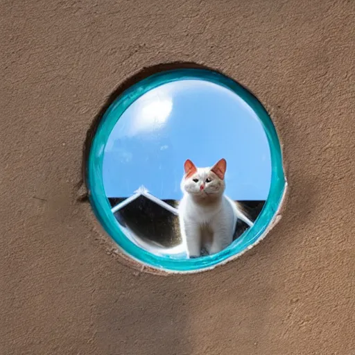 Prompt: a cat peaks out of a circular bubble window