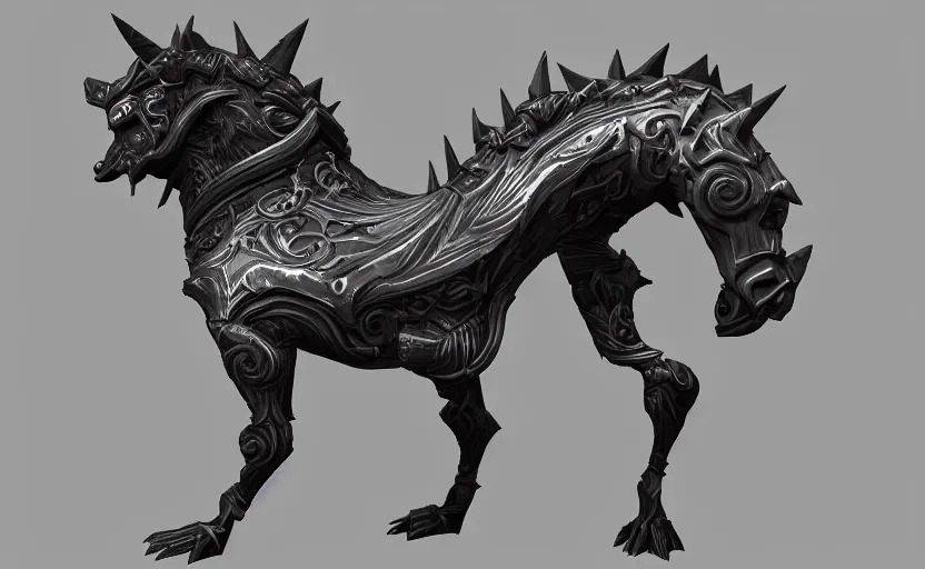 Prompt: a 3d render of a dark fantasy side view of a dark evil undead carousel horse, tim burton, world of warcraft, league of legends