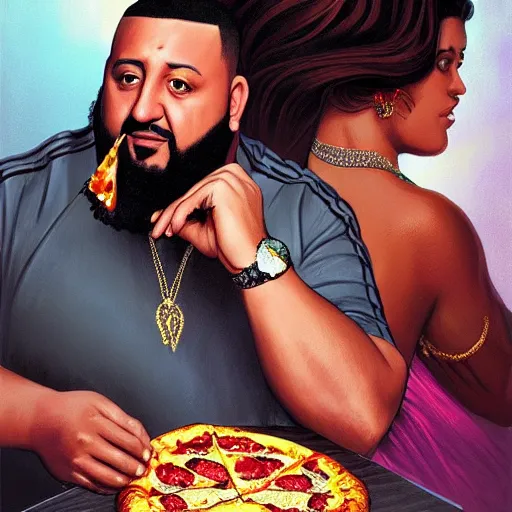Image similar to portrait of DJ Khaled with wavy big hairstyle holding a pizza pie drooling as a Grand Theft Auto Cover, elegant, intricate, headshot, highly detailed, digital painting, artstation, concept art, sharp focus, illustration, art by artgerm and greg rutkowski and alphonse mucha