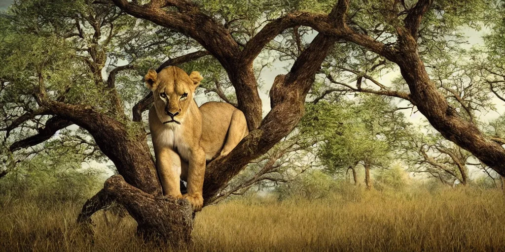 Image similar to scenic nature photography, award winning picture of a cuddly lioness in a tree. the tree is in the middle of the savannah nearby a water hole. extreme detail, hyperrealistic photo, smooth, trending on artstation