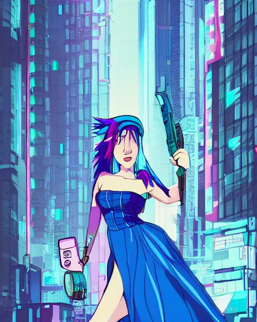 Prompt: cel shaded art of a pretty blue haired girl wearing a dress, cyberpunk city street background