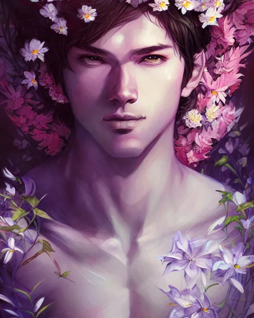 Prompt: a painting of a beautiful man surrounded by flowers, an ultrafine detailed painting by ross tran, centered full body, featured on deviantart, fantasy art, detailed painting, deviantart, anime