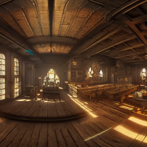 Prompt: Interior Concept design Tavern in Mixed style of Medieval and in style of Cyberpunk, Many details by Hiromasa Ogura. More cyberpunk less Medieval. Panorama 360 degrees Rendered in unreal engine 5, artstationHD, 4k, 8k, 3d render, 3d Houdini, cinema 4d, octane RTX volumetric natural light