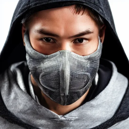 Image similar to a highly detailed headshot portrait of a man wearing a tech mask with a hoodie concept art