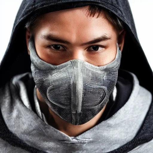 Prompt: a highly detailed headshot portrait of a man wearing a tech mask with a hoodie concept art