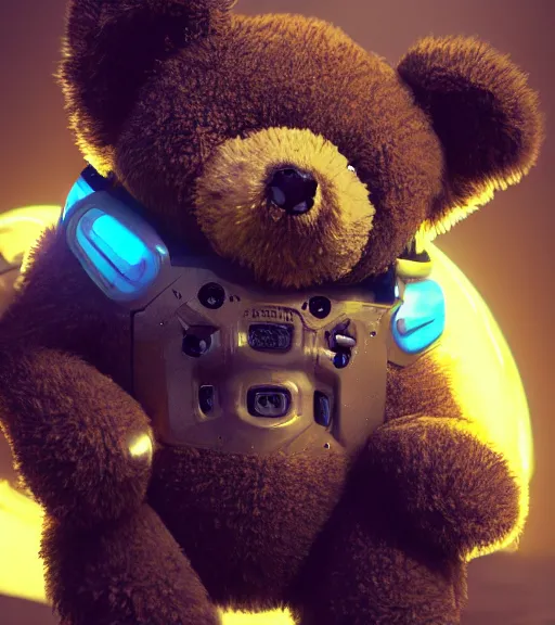 Image similar to portrait of a plush teddy bear, with cool cyberpunk dressing and implants, by greg rutkowski, wlop, beeple, dan mumford. octane render, trending on artstation, greg rutkowski very coherent symmetrical artwork. cinematic, hyper realism, highly detailed, octane render, 8 k, iridescent accents