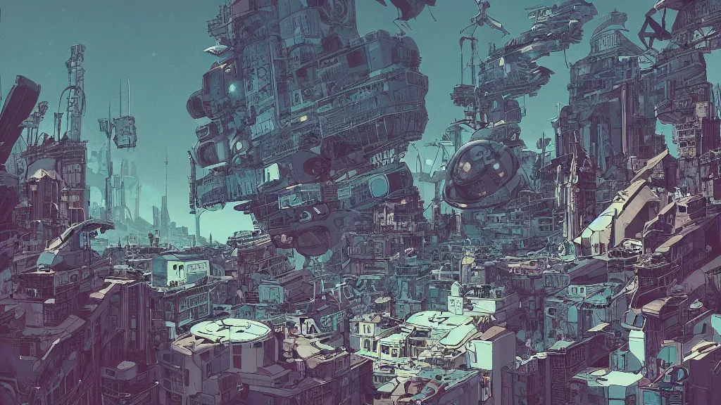 Image similar to very detailed, prophet graphic novel, ilya kuvshinov, mcbess, rutkowski, simon roy, illustration of space junk floating in space around a dystopian dead planet earth, illustration of decrepit cyberpunk arcologies, wide shot, colorful, deep shadows, astrophotography