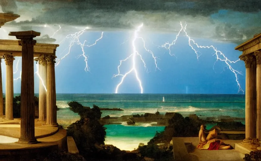 Prompt: mediterranean balustrade and columns, refracted lightnings on the ocean, thunderstorm, greek pool, beach and Tropical vegetation on the background major arcana sky and occult symbols, by paul delaroche, hyperrealistic 4k uhd, award-winning, very detailed paradise