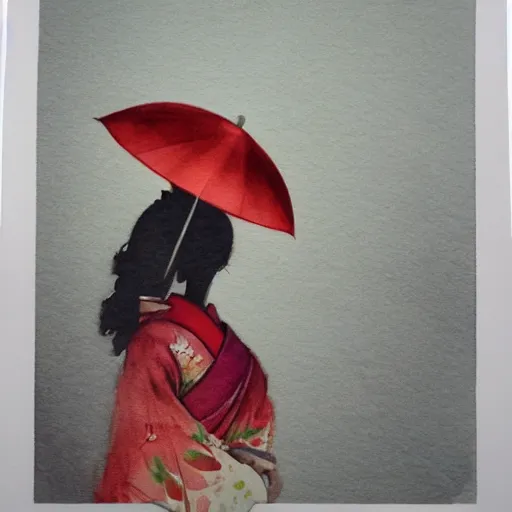 Prompt: dramatic portrait of a geisha holding and umbrella in a rainstorm at dusk : dynamic lighting / watercolor / close - up :