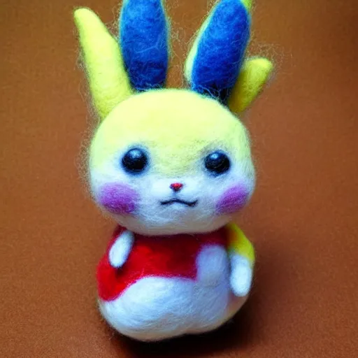 Prompt: a needle felted Pikachu, needle felting art.