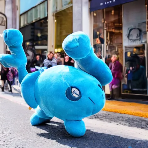 Image similar to blue'snappy gifts'plush doll, human - sized, on sidewalk, giving gifts to people, happy atmosphere, high detail, soft lighting, 8 k