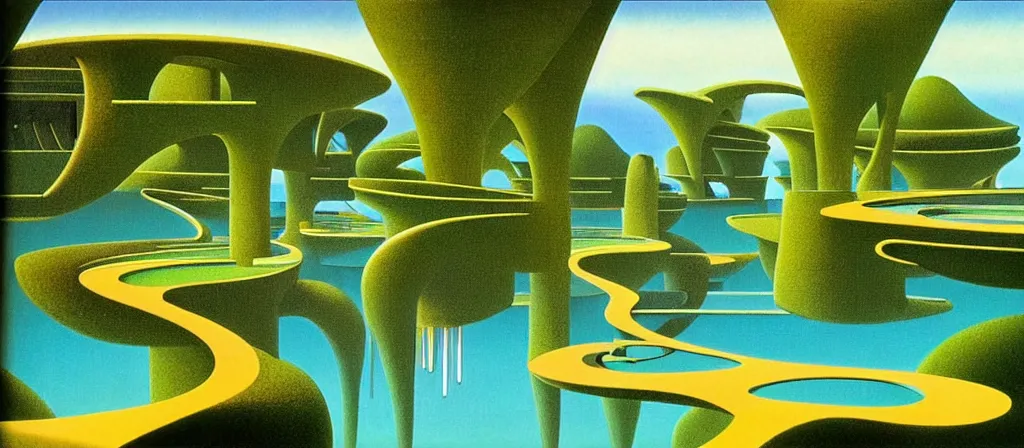 Prompt: huge gargantuan angular dimension of infinite poolrooms, buildings by escher and ricardo bofill. utopian landscape by roger dean. magical realism, surrealism, lush tropical jungle, waterfalls, clouds, mallsoft, vaporwave, trending on artstation, shot from below, epic scale