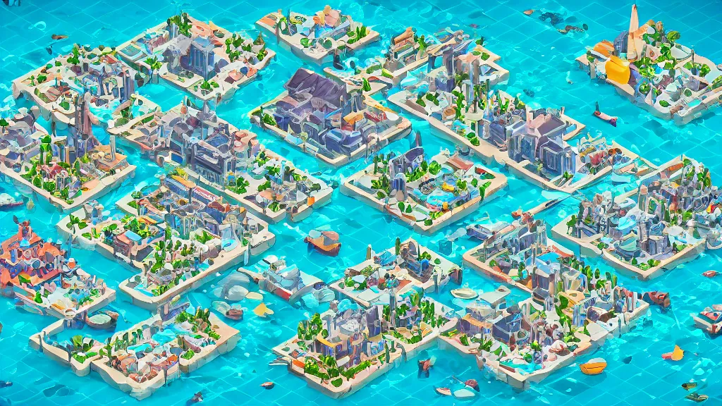 Prompt: underwater photography misguided isometric ovary village / city setting