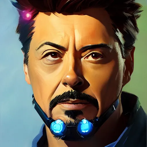 Image similar to greg manchess portrait painting of tony stark as overwatch character, totally whack, medium shot, asymmetrical, profile picture, organic painting, sunny day, matte painting, bold shapes, hard edges, street art, trending on artstation, by huang guangjian and gil elvgren and sachin teng