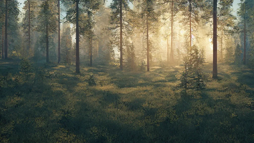 Prompt: beautiful view of a swedish forest in the morning light, trending on Artstation, octane render, unreal engine, visually stunning, award winning