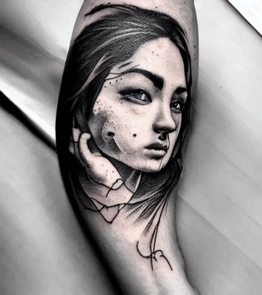 Image similar to beautiful blend effect of beautiful mountain scenery with a beautiful woman face, tattoo design sketch, hyper - realistic, in the style of matteo pasqualin, amazing detail, black and white