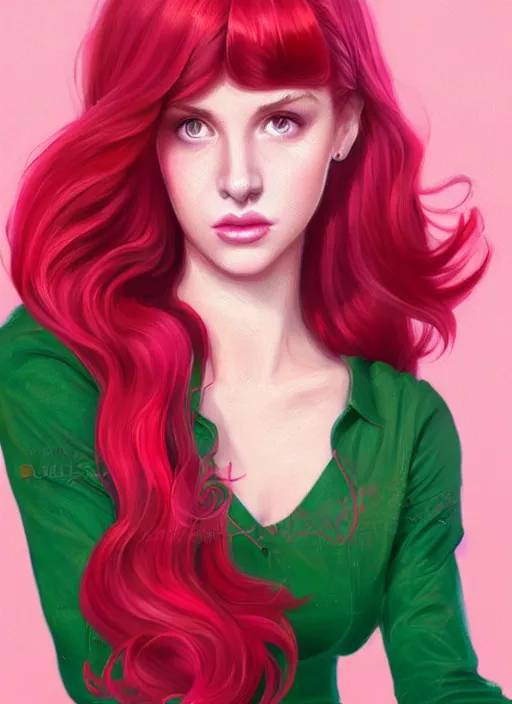 Image similar to full body portrait of teenage cheryl blossom, bangs, green eyes, sultry expression, red hair, sultry smirk, bangs and wavy hair, pink skirt, intricate, elegant, glowing lights, highly detailed, digital painting, artstation, concept art, smooth, sharp focus, illustration, art by wlop, mars ravelo and greg rutkowski