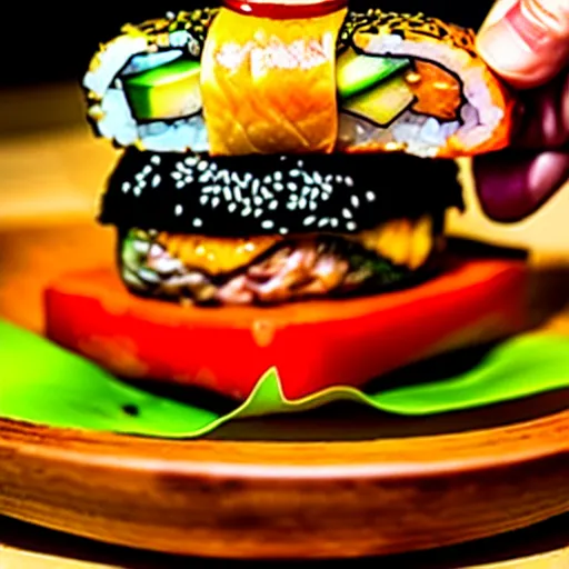 Image similar to The ultimate sushi-burger with extra unagi on a hand carved cherrywood plate. Perfect photography.